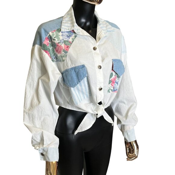 Vintage White YOU Babes Cropped Patchwork Button Front Shirt Medium USA Made - Picture 5 of 10